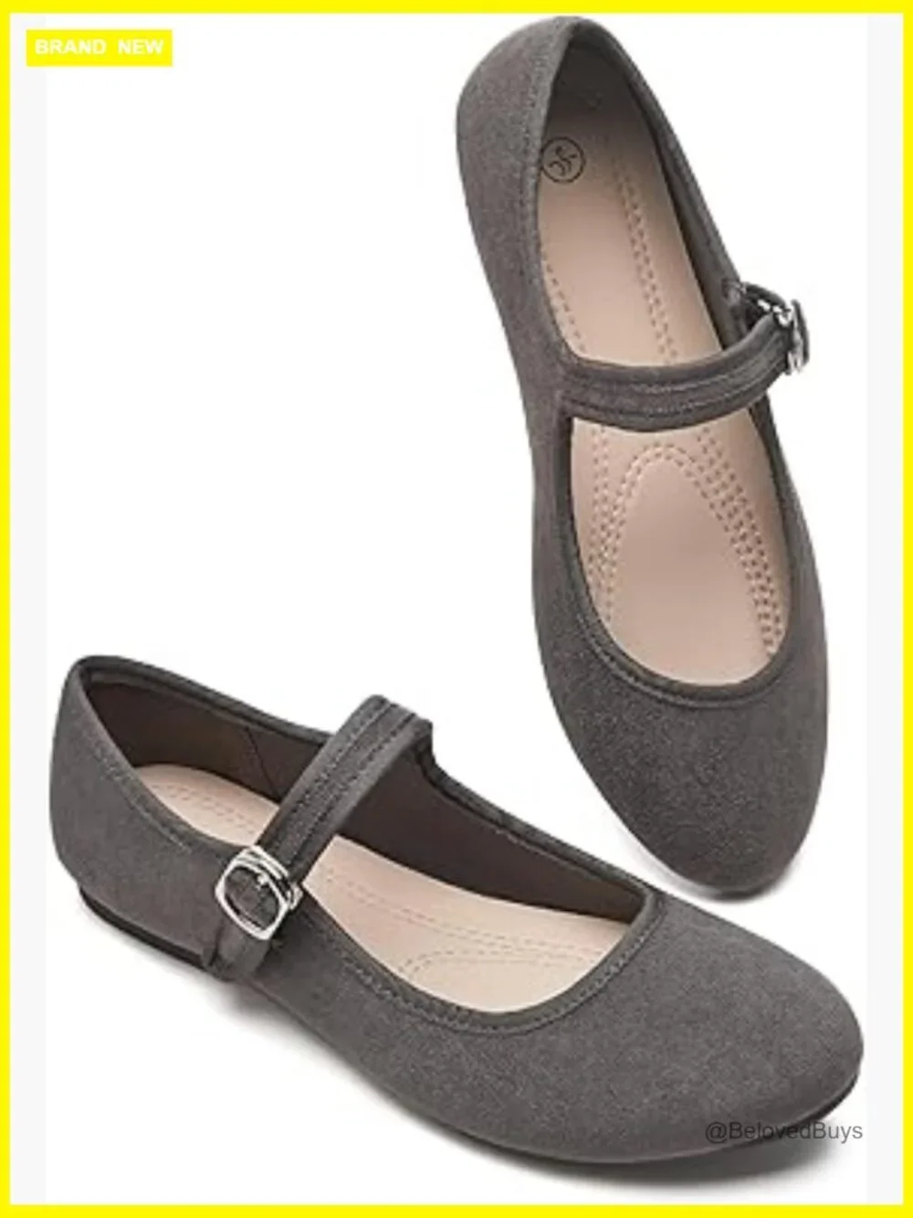 Mary Jane Flats with Adjustable Strap, Faux Suede Dress Shoes, Memory Foam